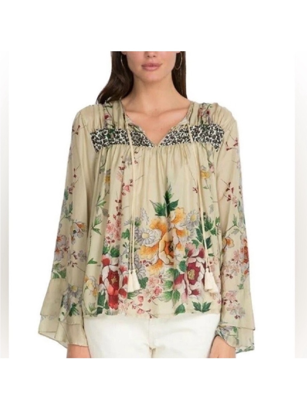 Johnny Was Floral Cream Boho Peasant Top with Tassel Tie NWT Size XS